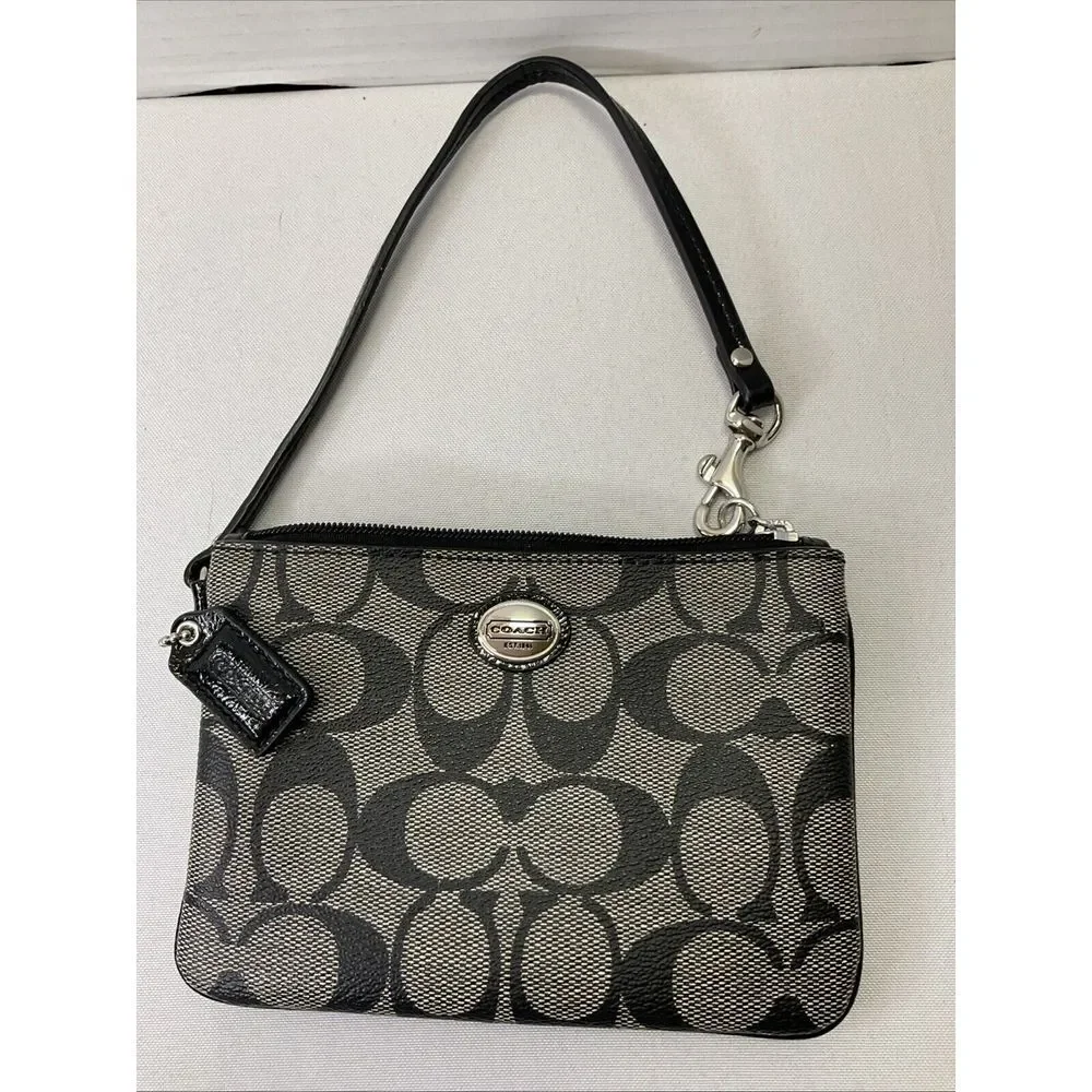 Coach Peyton Signature Small Wristlet Gray‎ and Black w/Strap